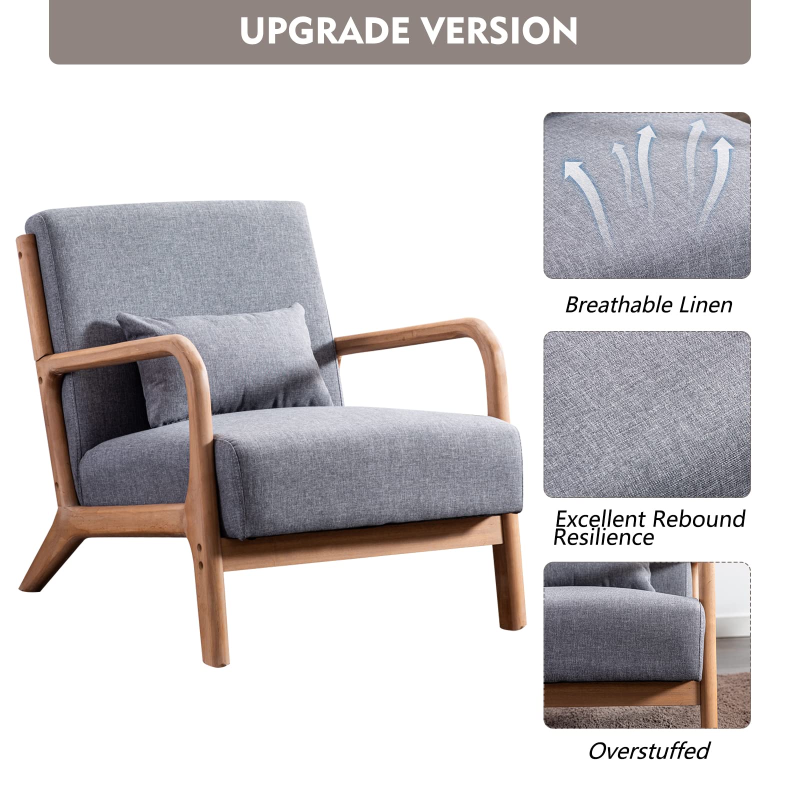 Anjhome Mid Century Modern Accent Chair, Single Fabric Lounge Reading Armchair With Solid Wood Frame, Easy Assembly Arm Chairs For Living Room, Grey