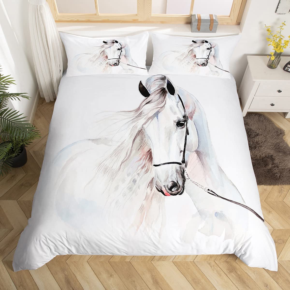 Feelyou White Horse Duvet Cover Set Queen Size For Boys Men 3D Steed Print Bedding Set Wildlife Comforter Cover Animal Bedspread
