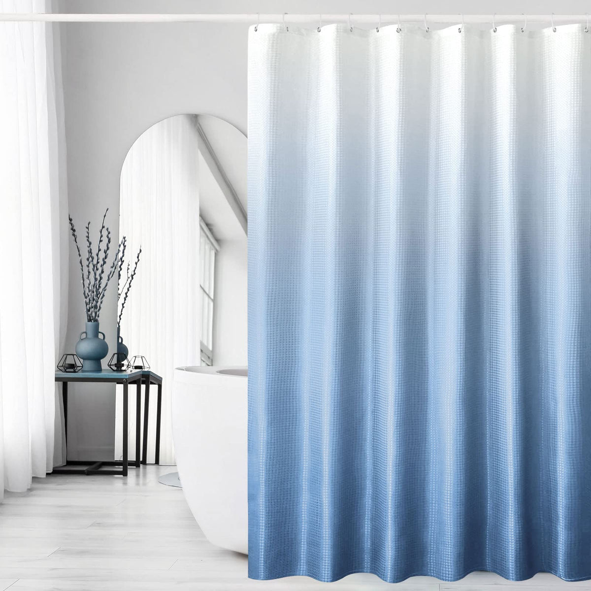 Gibelle Extra Long Shower Curtain 72 x 84, Tall Blue Ombre Shower Curtain for Bathroom, Waffle Weave Fabric Shower Curtain Set w