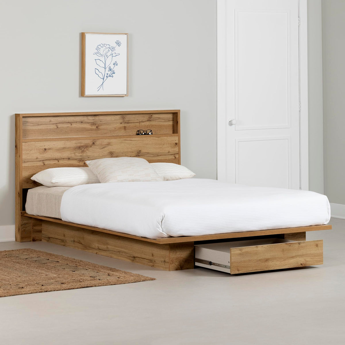 South Shore Cavalleri Platform Bed and Headboard Set, Full/Queen, Nordik Oak