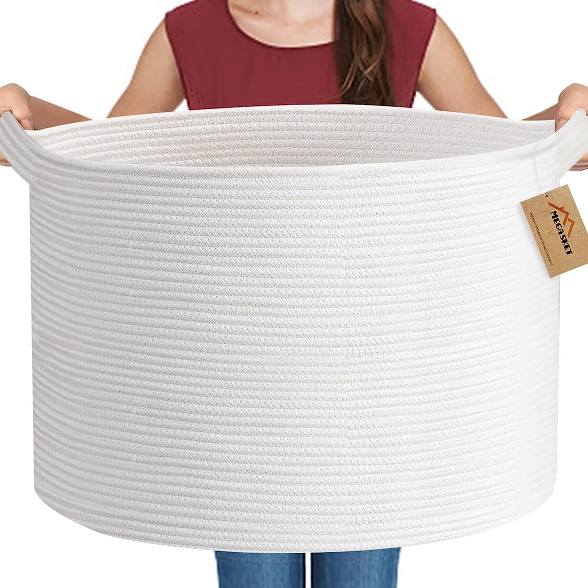 Megasket White Rope Storage Baskets, 22inch X 22inch X 14inch Extra Large Blanket Basket Living Room, Soft Cotton Rope Basket, Toy Basket