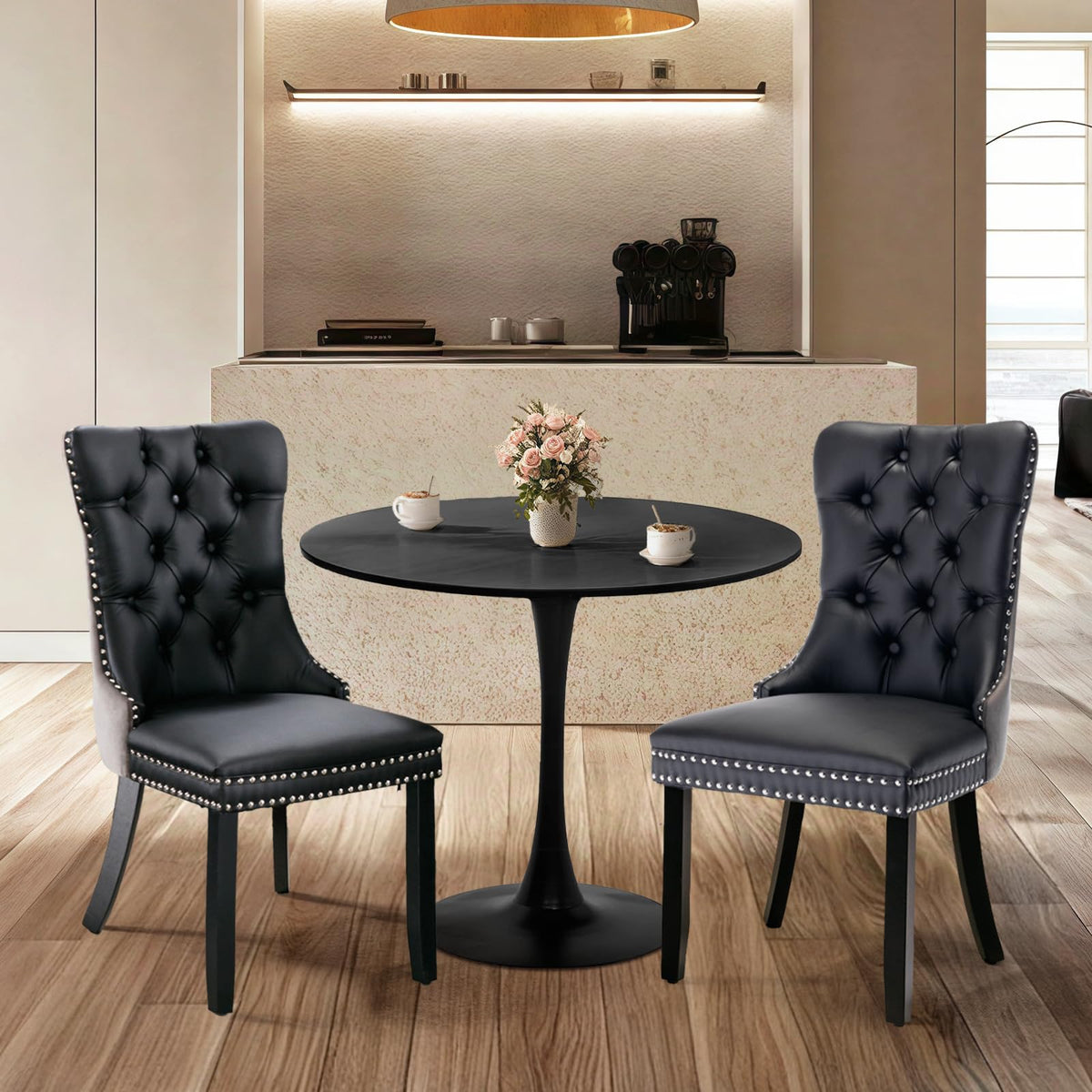 Soarflash Kitchen Table And Chairs For 2, 24inch Dining Table Set For 2 With Leather Upholstered Chairs, 3 Piece Round Kitchen Tabl