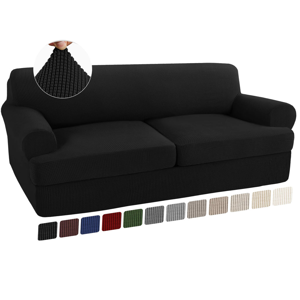 Turquoize 3 Piece T Cushion Sofa Slipcovers Sofa Cover For T Cushion Sofa Couches Stretch Couch Cover Furniture Covers With 2 Individual T Cushion Covers, Machine Washable (2 Cushion Sofa, Black)