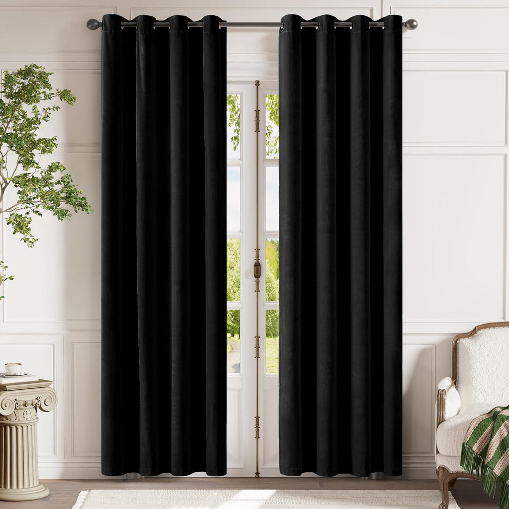 Lazzzy Velvet Blackout Curtains Black Thermal Insulated Drapes For Bedroom Living Room Darkening Window Treatments Super Soft Luxury Grommet 84 Inches Long 2 Panels