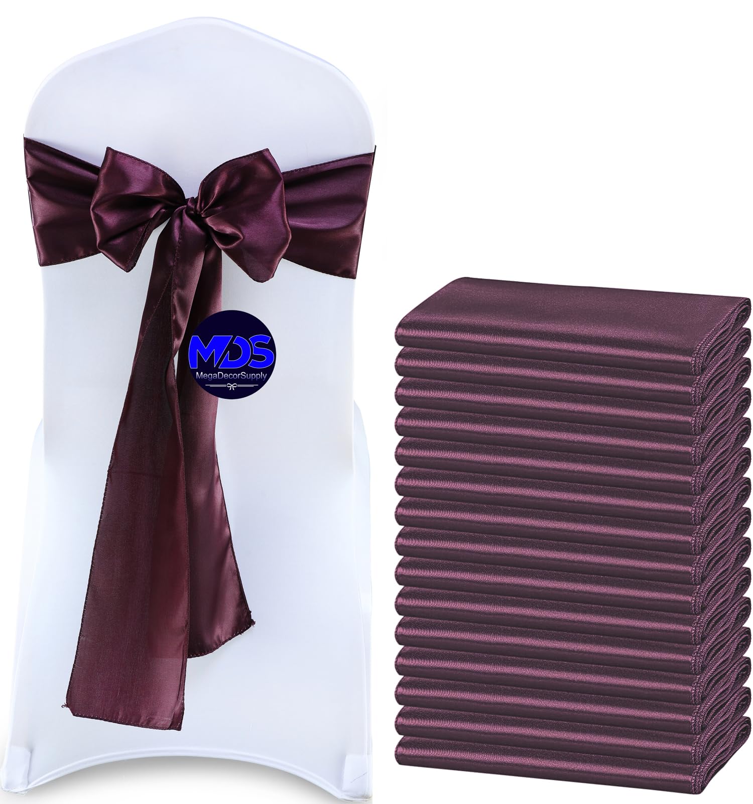 Mds Pack Of 50 Pcs Satin Chair Sashes Charmeuse Sateen Dining Chair Bows Ribbon Ties Back Sash For Wedding Party Birthday Home Hotel Restaurant Banquet Decoration (7 X 108 Inch, Plum)