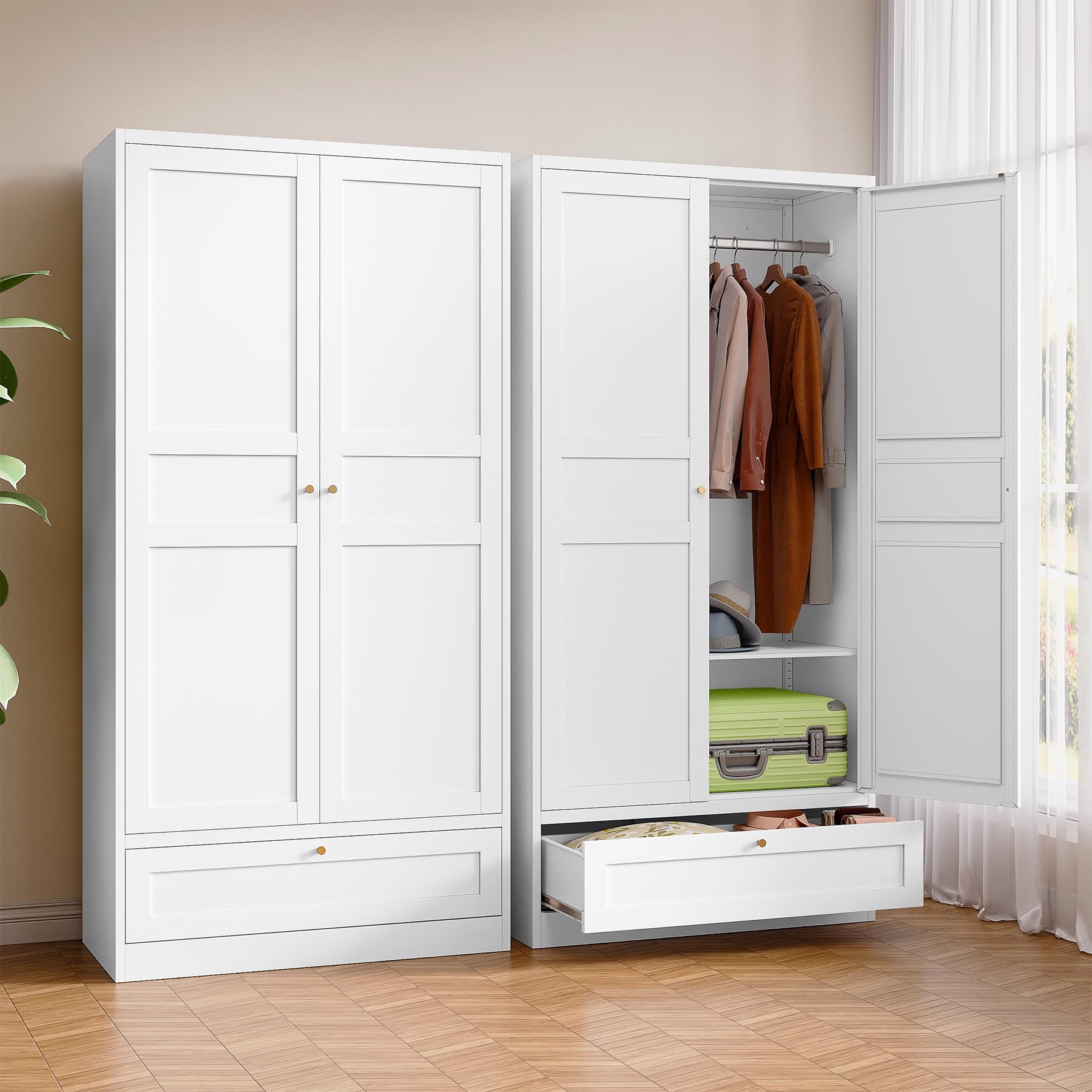 BYNSOE Metal Armoire Wardrobe Closet with 2 Doors 72   Wardrobe Cabinet with Drawers and Hanging Rail Metal Closet with Adjust
