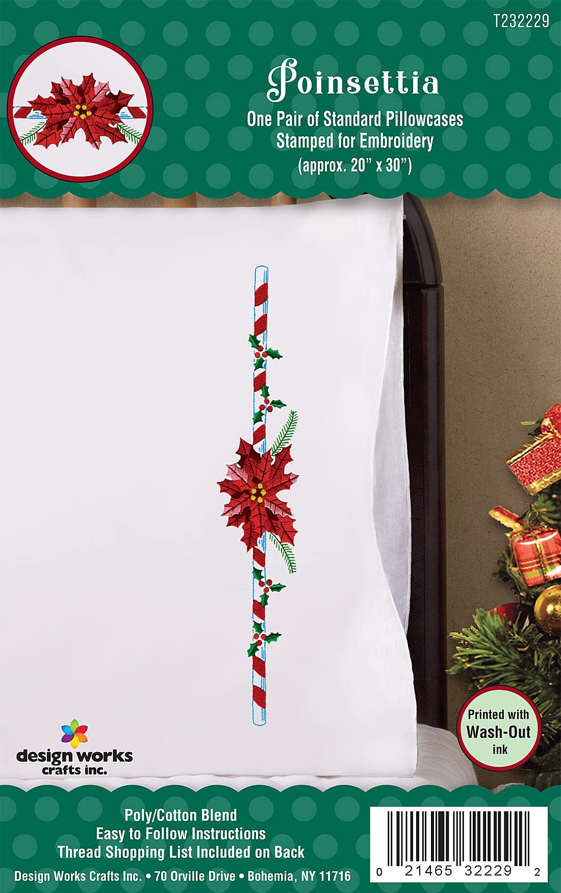 Design Works Crafts Poinsettia Stamped For Embroidery Pillowcases