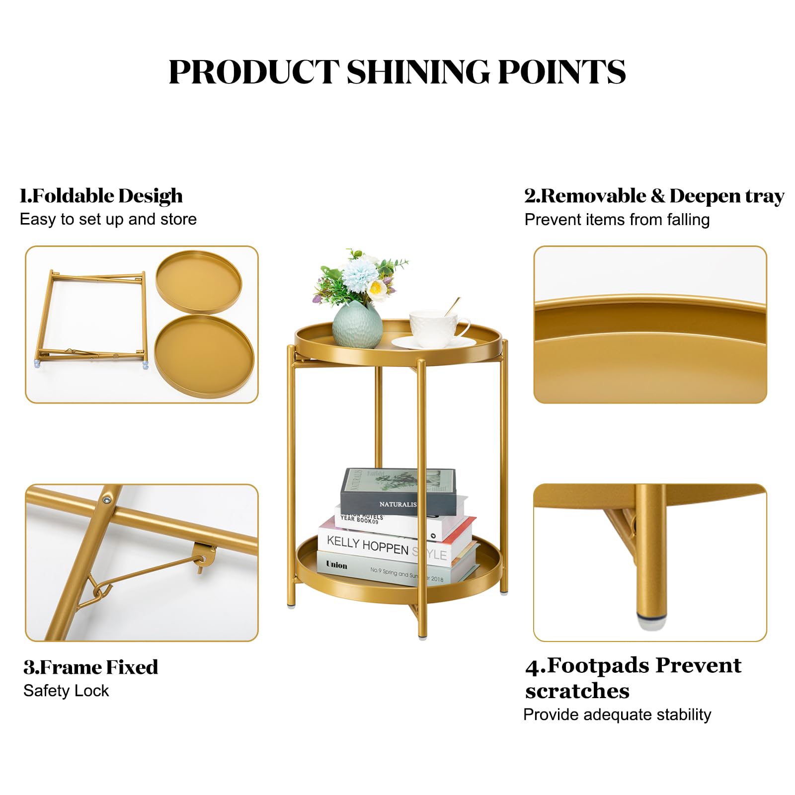 Danpinera 2-Tier End Table, Outdoor Side Table Metal Round Side Table With Removable Tray, Small Folding Accent Table, Anti-Rust Nightstand For Bedroom Balcony Patio Living Room (Gold)