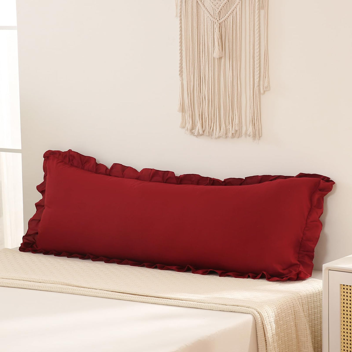 Burgundy Body Pillow Cover 20X54Inches Long Pillowcase Ruffled Pillowcases Shabby Chic Ruffled Fringe Decor Body Ruffled Pillow