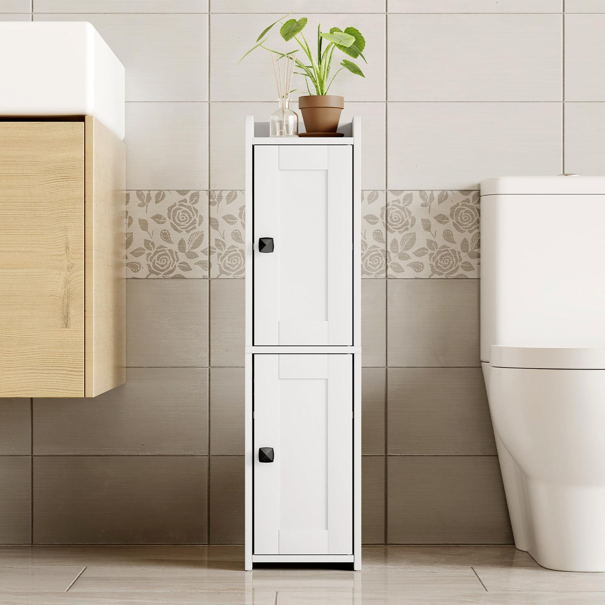 Lomojo Small Bathroom Storage Cabinet with 2 Doors, Toilet Organizer,White
