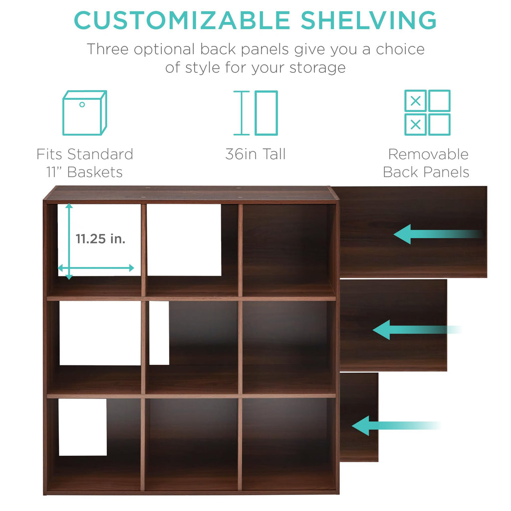 Best Choice Products 9-Cube Storage Organizer, 11In Shelf Opening, Bookcase, Display Shelf, Customizable W/ 3 Removable Back Panels - Walnut
