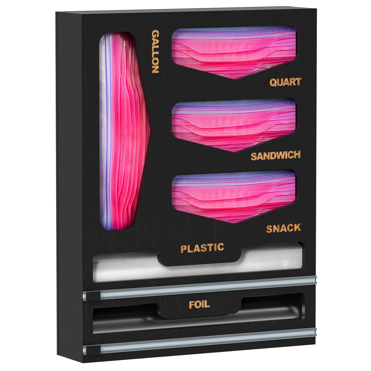 DALSHABET Bamboo Bag Organizer with Magnetic Closure, 6 In 1 Kitchen Drawer Foil and Plastic Wrap Dispenser with Cutter, Storage