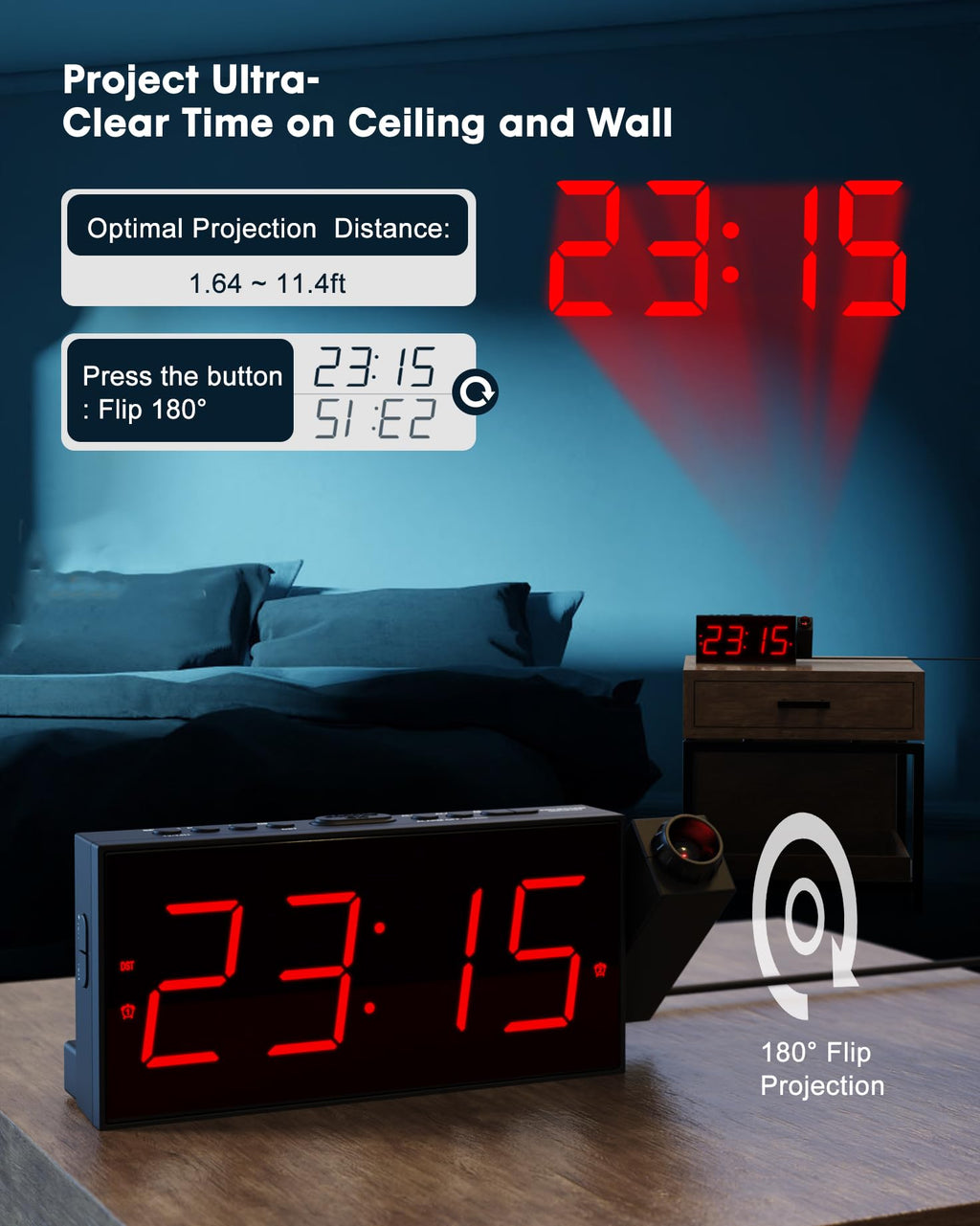 Onlyee Projection Alarm Clock For Bedroom,Led Digital Clock On Ceiling Wall With Usb Phone Charging,Battery Backup,180 Rotatable