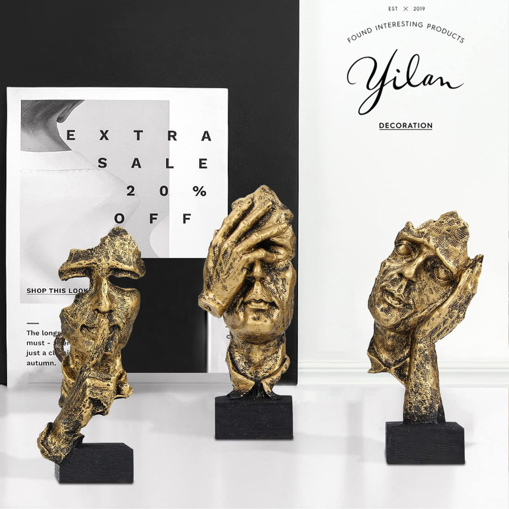 Aboxoo 3 Pcs Thinker Statue, Silence Is Gold Abstract Art Figurine, No Hear No See No Speak Modern Home Resin Sculptures Decorat