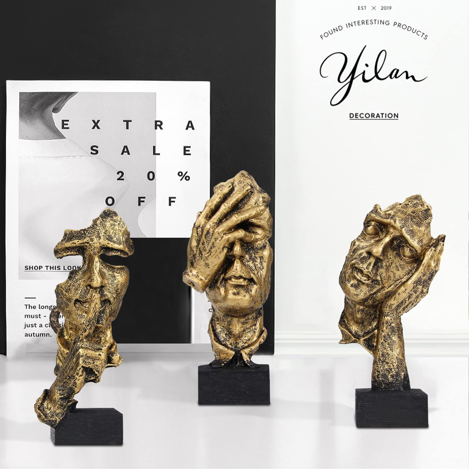 Aboxoo 3 Pcs Thinker Statue, Silence Is Gold Abstract Art Figurine, No Hear No See No Speak Modern Home Resin Sculptures Decorat