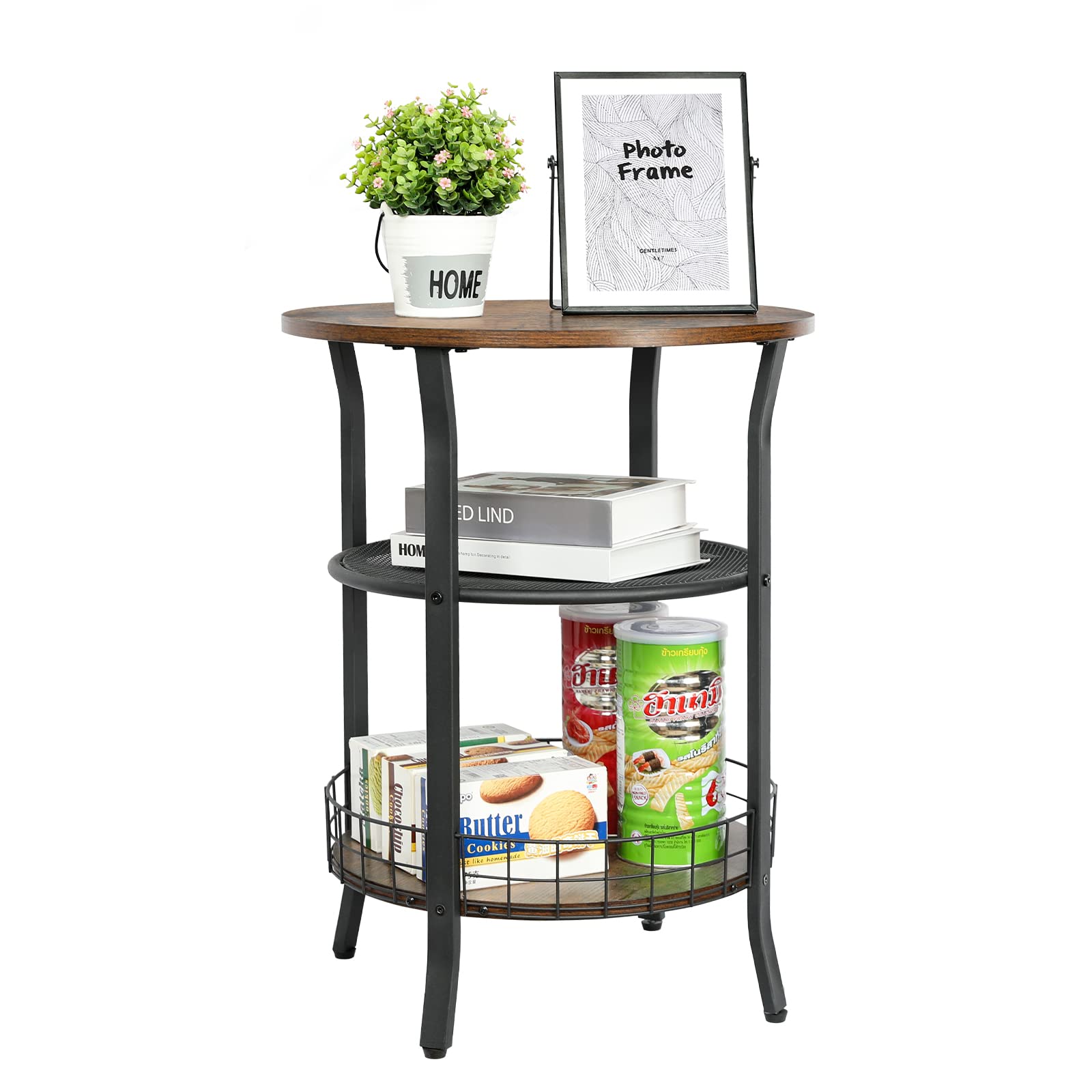 X-cosrack Round Side Table, Industrial Retro End Table with Storage,Coffee Snack Table for Living Room, Bedroom,Kitchen,Office,S
