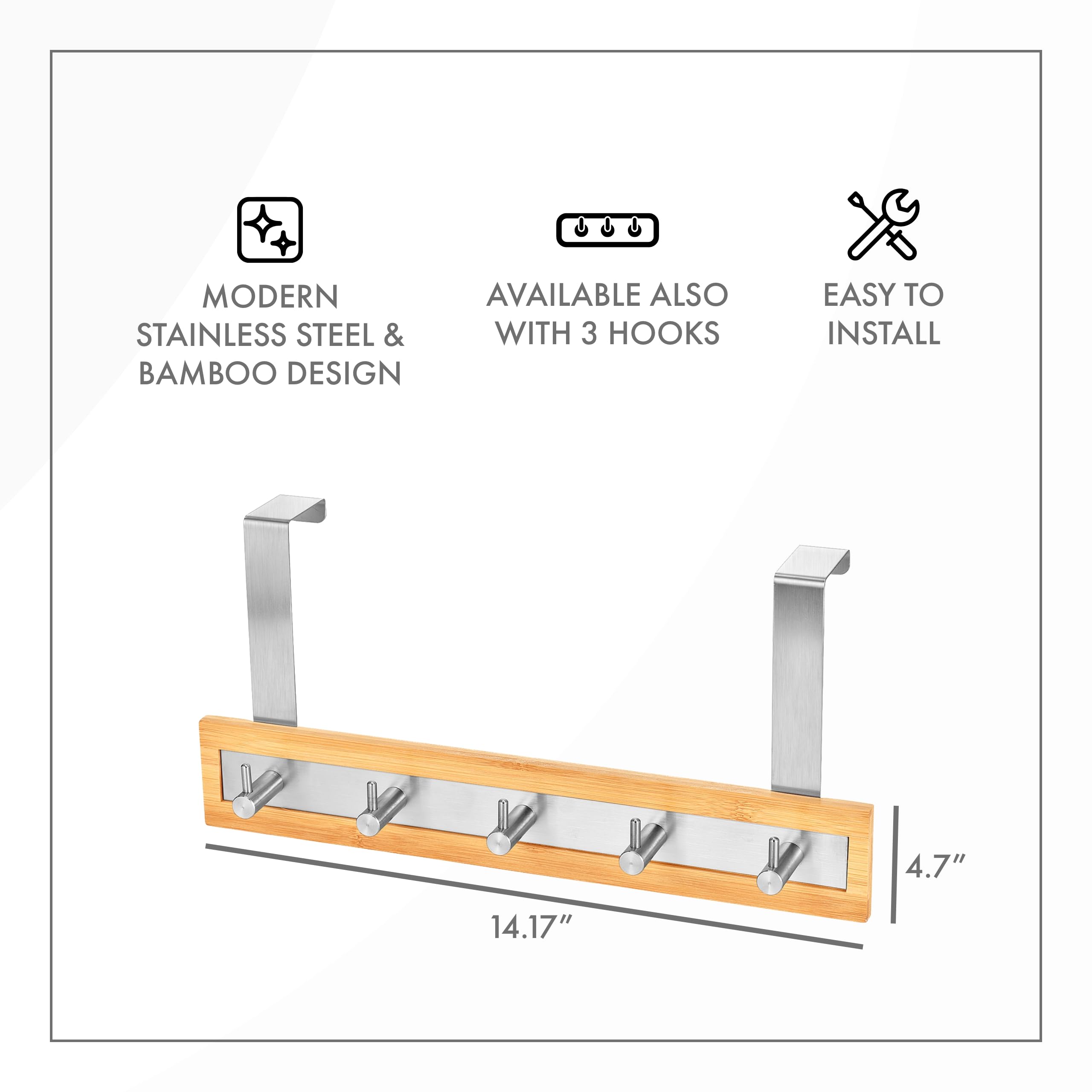 Toilettree Products Bamboo Stainless Steel Over-The-Door Towel Hooks - Durable Coat, Clothes, And Towel Rack To Use In The Bathr