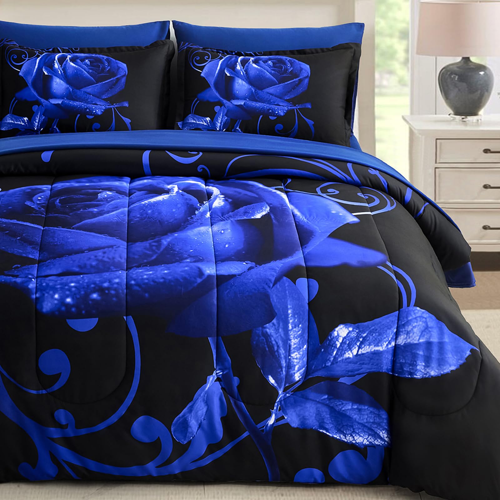 Wongs Bedding Blue Comforter Set King 7 Pieces, Reversible Blue Rose Bed In A Bag, Lightweight Soft Microfiber Bedding Sets With