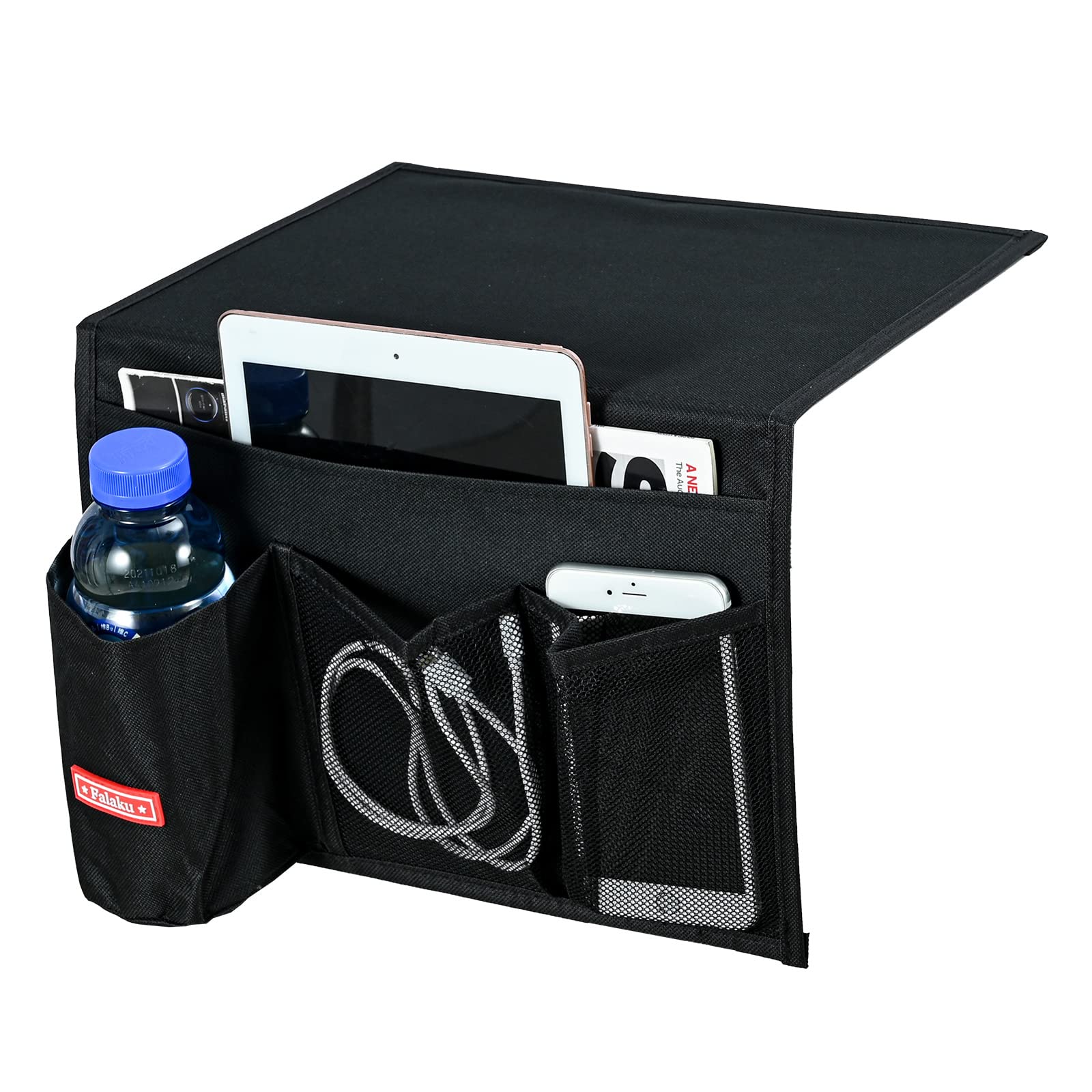 Falaku Bedside Caddy, 4 Pockets Bedside Organizer Caddy Under Mattress,Holds Water Bottles,Magazines,Books (Classic 4 Pockets-Bl