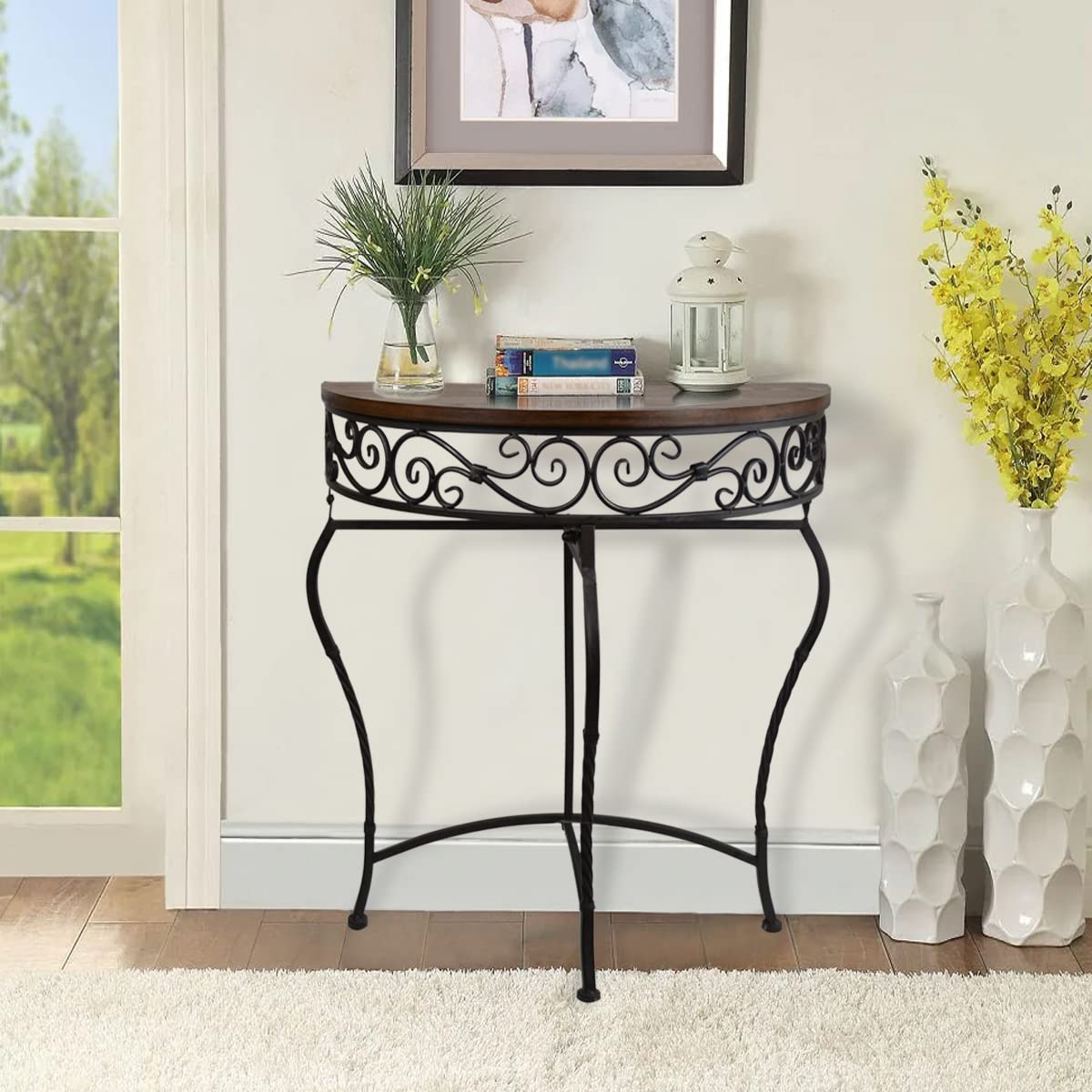 Westcharm Boston Foldable Half Moon Console Table, Accent Demilune Table for Living Room, Entryway, Kitchen, Black and Dark Brow