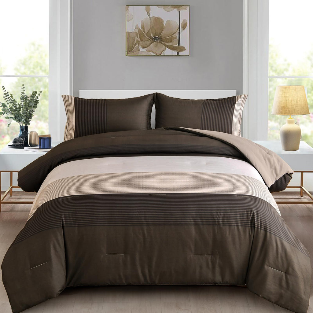 Brown Comforter Set King, Reversible Brown Striped Down Alternative Comforter for King Bed,3 Pieces (1 Comforter+2 Pillowcases),