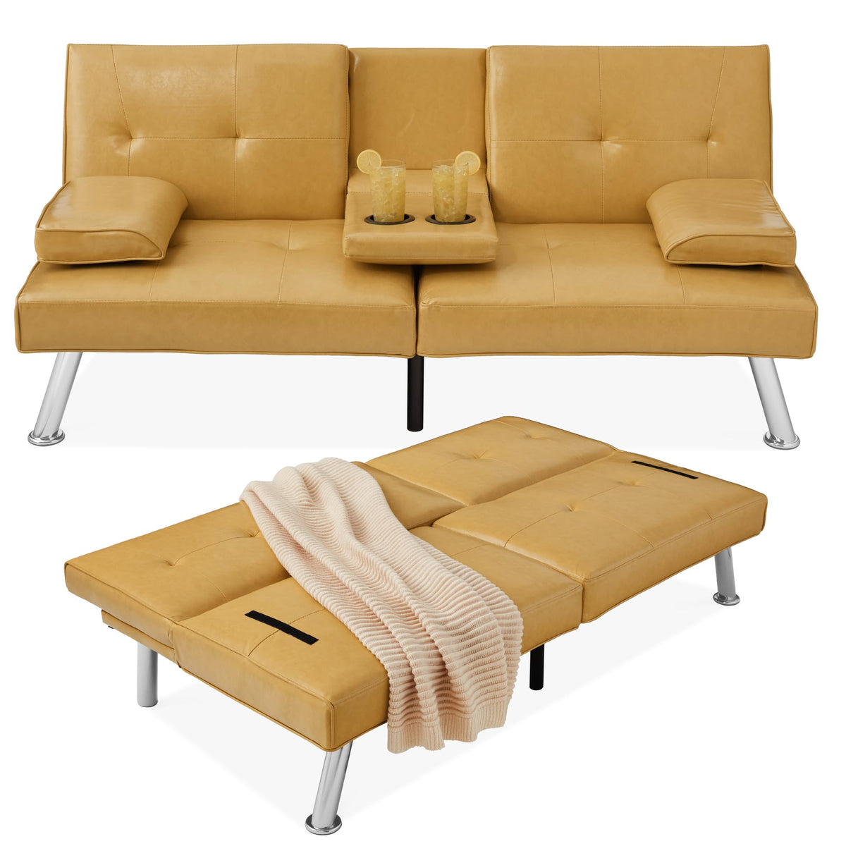 Best Choice Products Faux Leather Upholstered Modern Convertible Futon, Adjustable Folding Sofa Bed, Guest Bed W/Removable Armrests - Camel Yellow