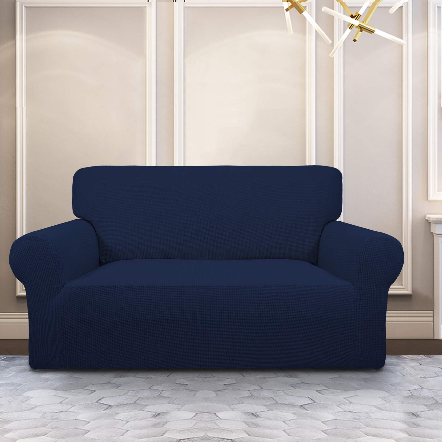 Purefit Stretch Loveseat Sofa Slipcover – Spandex Jacquard Non Slip Soft Couch Sofa Cover, Washable Furniture Protector With Non Skid Foam And Elastic Bottom For Kids (Loveseat, Navy)