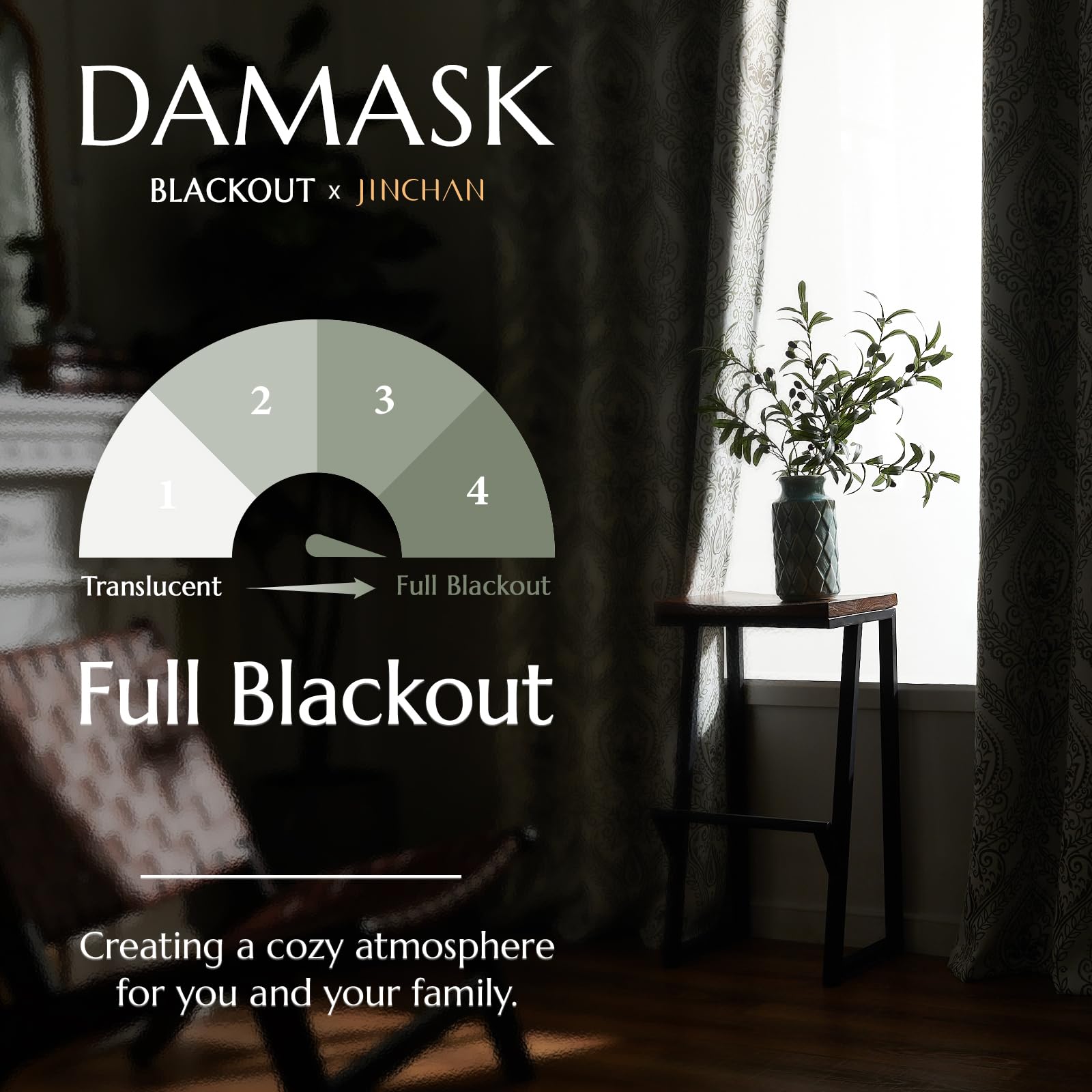 Jinchan 100% Blackout Curtains 96 Inches Long Sage Green Damask Medallion Window Curtains For Bedroom Grommet Thermal Insulated Drapes For Living Room Vintage Luxury Window Treatments Set 2 Panels