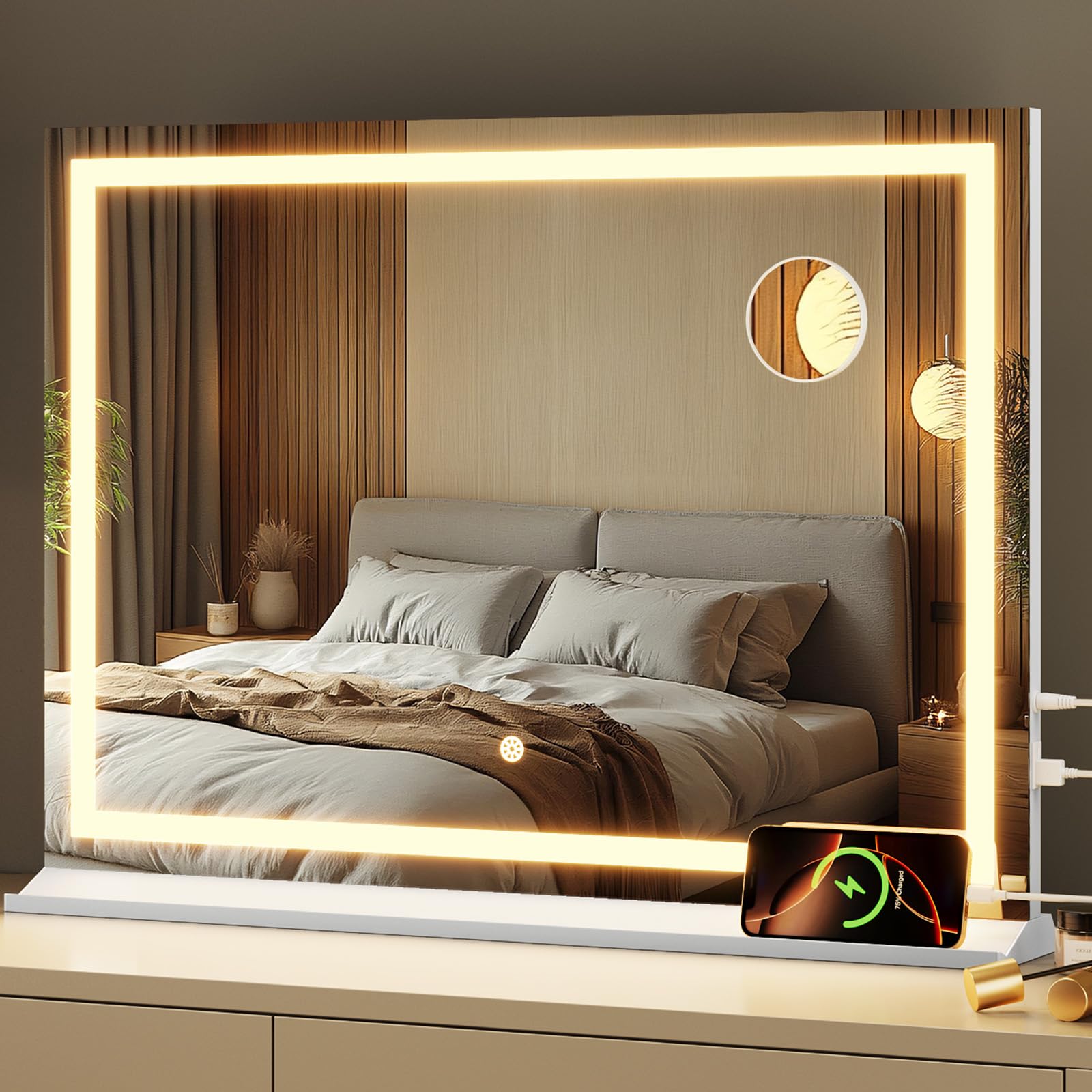 Memobarco Vanity Mirror with Lights, 24 x 32 Makeup Mirror with 3 Color Modes 5X Magnification & USB/Type-C Charging Port, Large