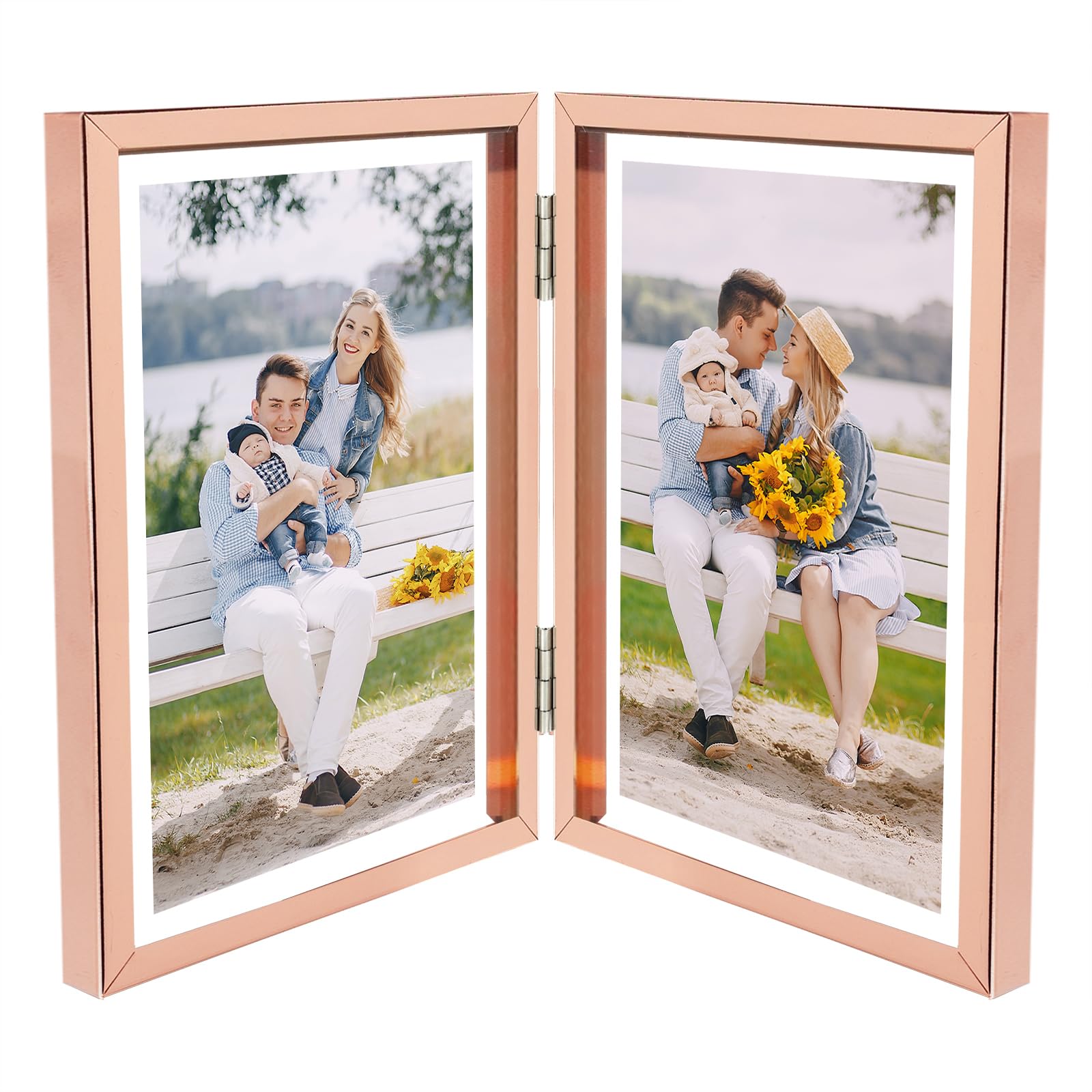 Golden State Art, Rose Gold 5x7 Hinged Double Frame - Floating Frame for 4 x 6 or Smaller Photos - Metal Frame and Real Glass, E