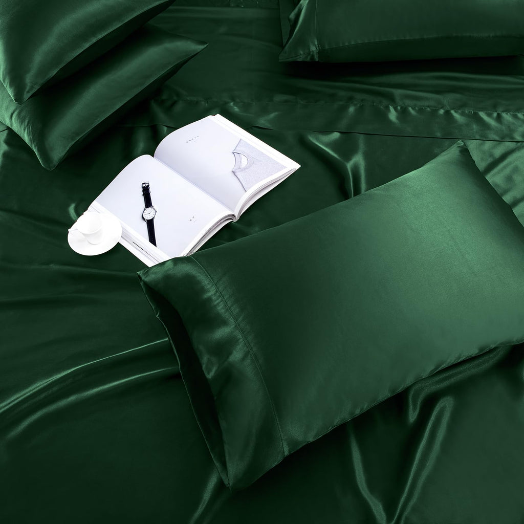 Treely 4 Piece Satin Sheets Twin Size Silky Smooth Blackish Green Satin Sheet Set With Deep Pocket, Satin Fitted Sheet, Flat She