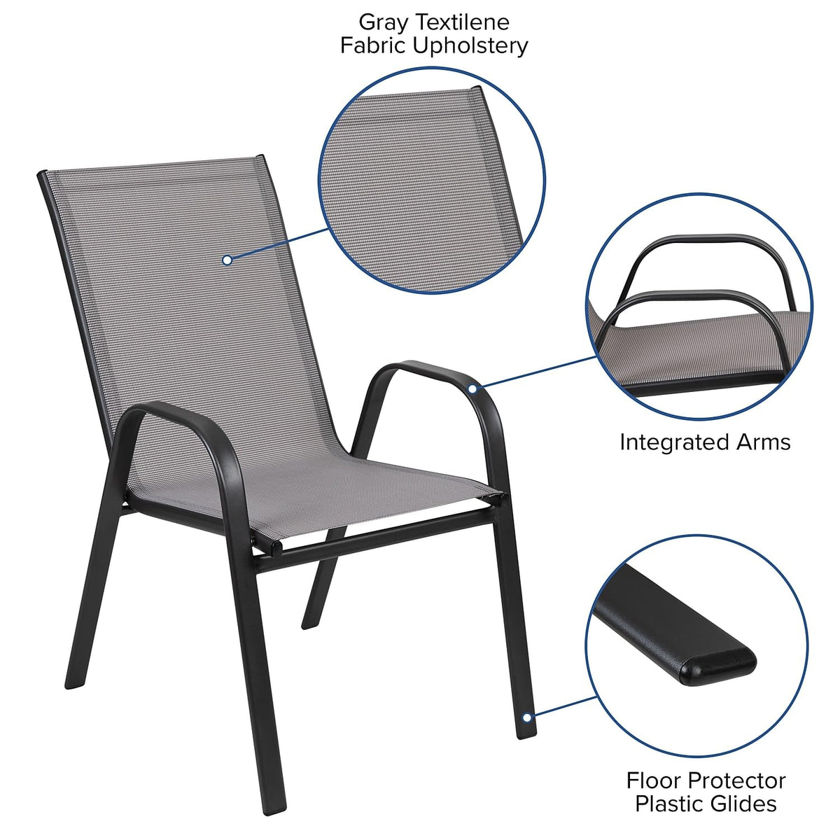 Flash Furniture 2 Flex Comfort Stack Chairs, 23.5" Square Tempered Glass Patio Table, Gray