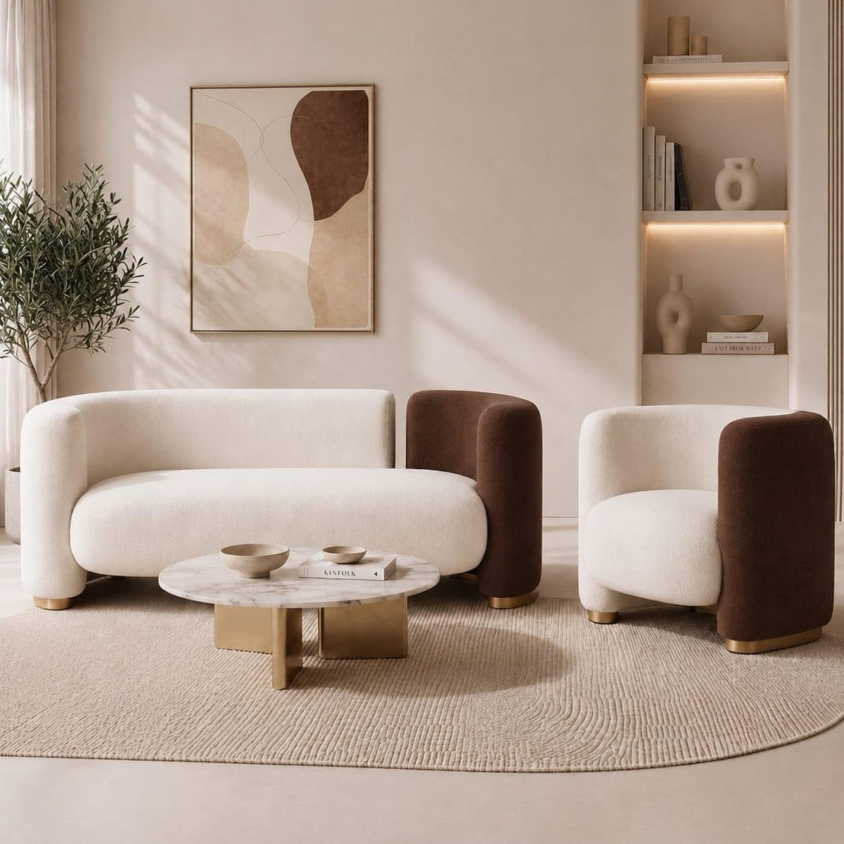 Lyxera 70 Inch Brown Wooden Sofa With One Chair, 2 Seater Modern Sofa Set For Living Room, Upholstered Wooden Frame Couch With M