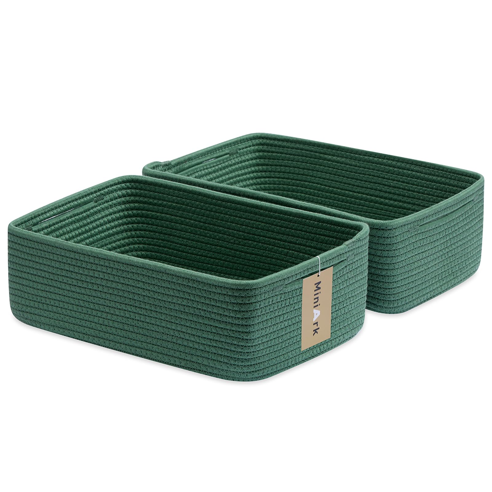 MiniArk Large Shallow Organizing Baskets 15x11x5.1 Inches - Rope Woven Storage Bins for Bathroom, Shelves, Cube Closet, Green 2 