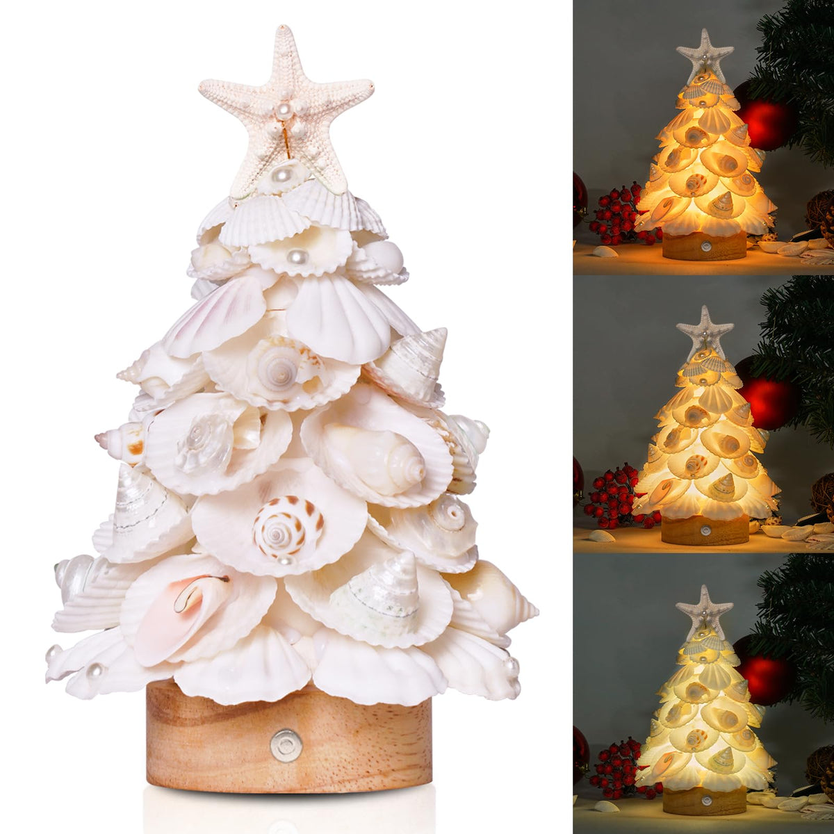 Sea Shells Christmas Tree Handmade Crafts Tabletop Shells Christmas Tree with LED Light, for Christmas & Beach Decoration, Party