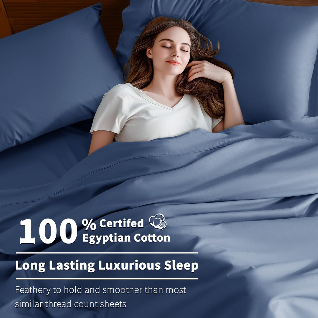 Shilucheng 100% Cotton King Size Sheets Set - 600 Thread Count,Luxury Egyptian Cotton Bed Sheets,5-Star Hotel Quality Sheets, Breathable & Cooling, 16 Inch Deep Pocket - 4 Piece (Navy Blue, King)