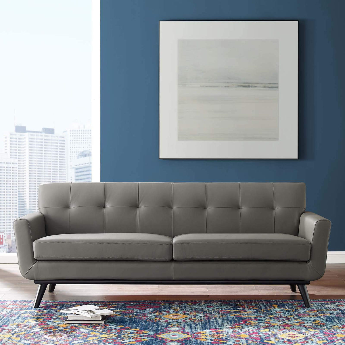 Modway Engage Sofa In Topgrain Leather Living Room Lounge,Grey
