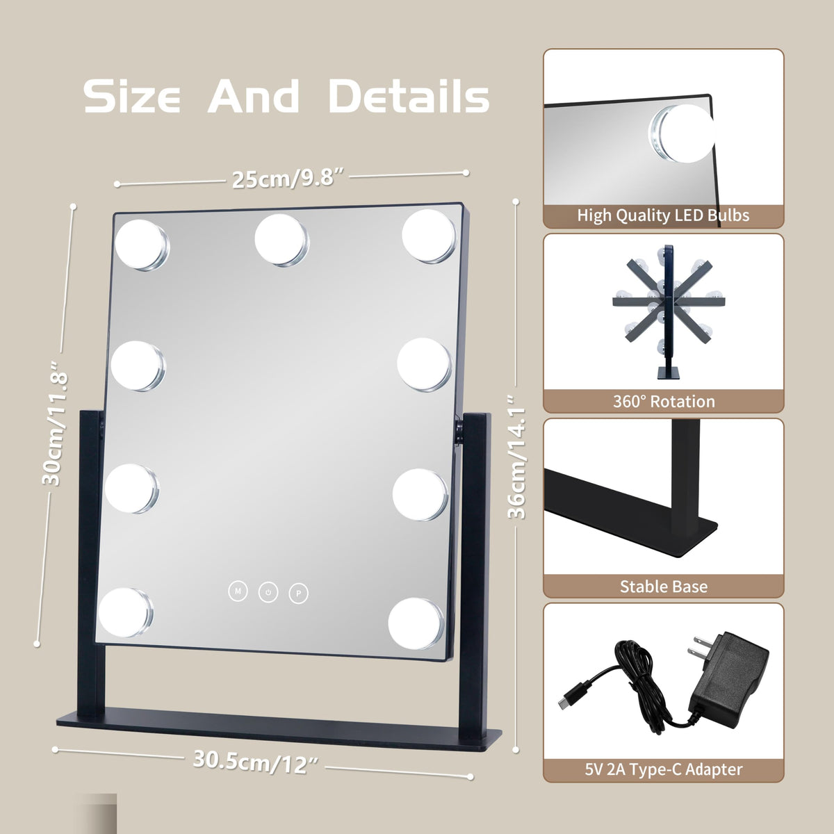 Nusvan Vanity Mirror With Lights,Makeup Mirror With Lights With 9 Dimmable Led Bulbs, 3 Color Lighting Modes Detachable 10X Magn