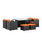 Modway Inverse Wicker Rattan 9-Piece Outdoor Patio Dining Furniture Set In Espresso Orange