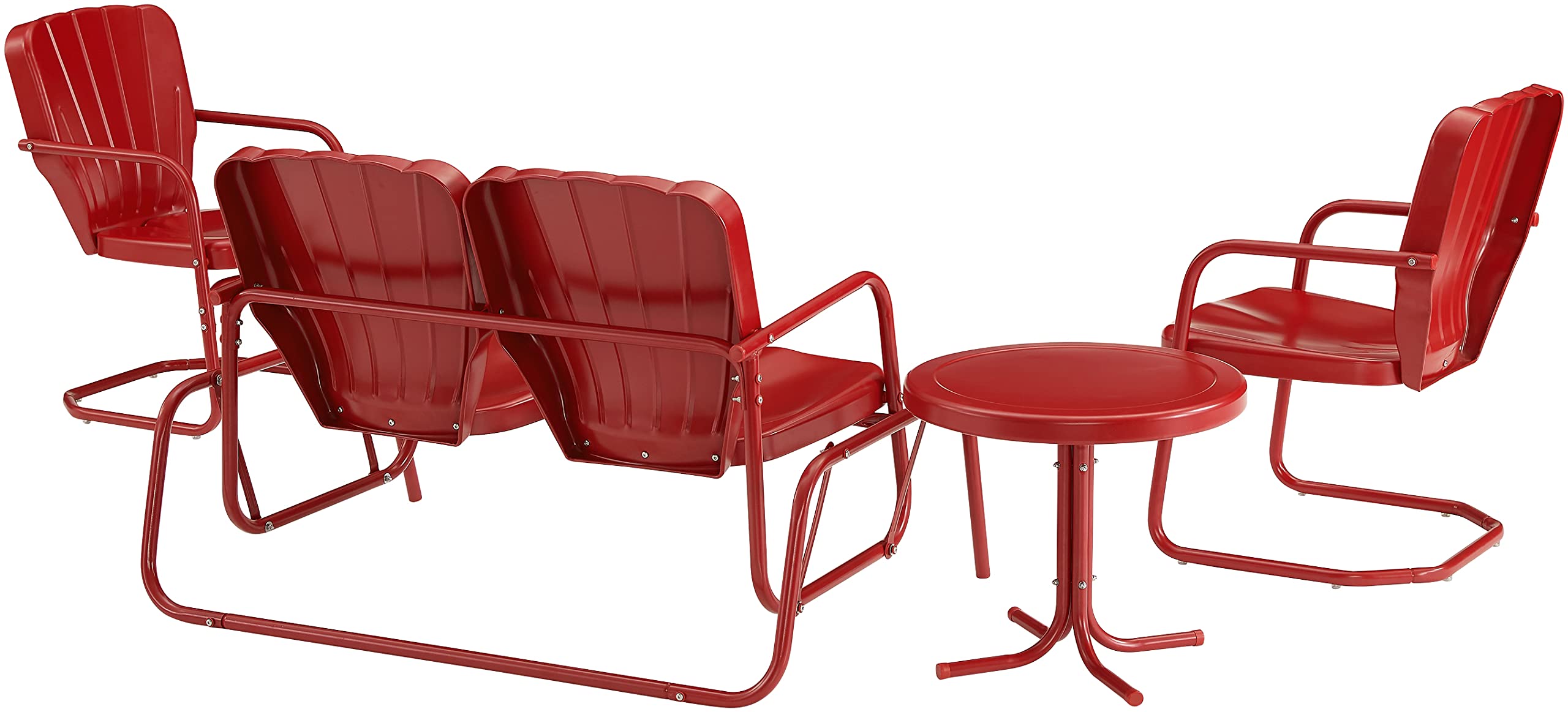 Crosley Furniture Ridgeland 4-Piece Retro Metal Outdoor Loveseat Glider Patio Furniture Set for Porch, Deck, Bright Red Gloss