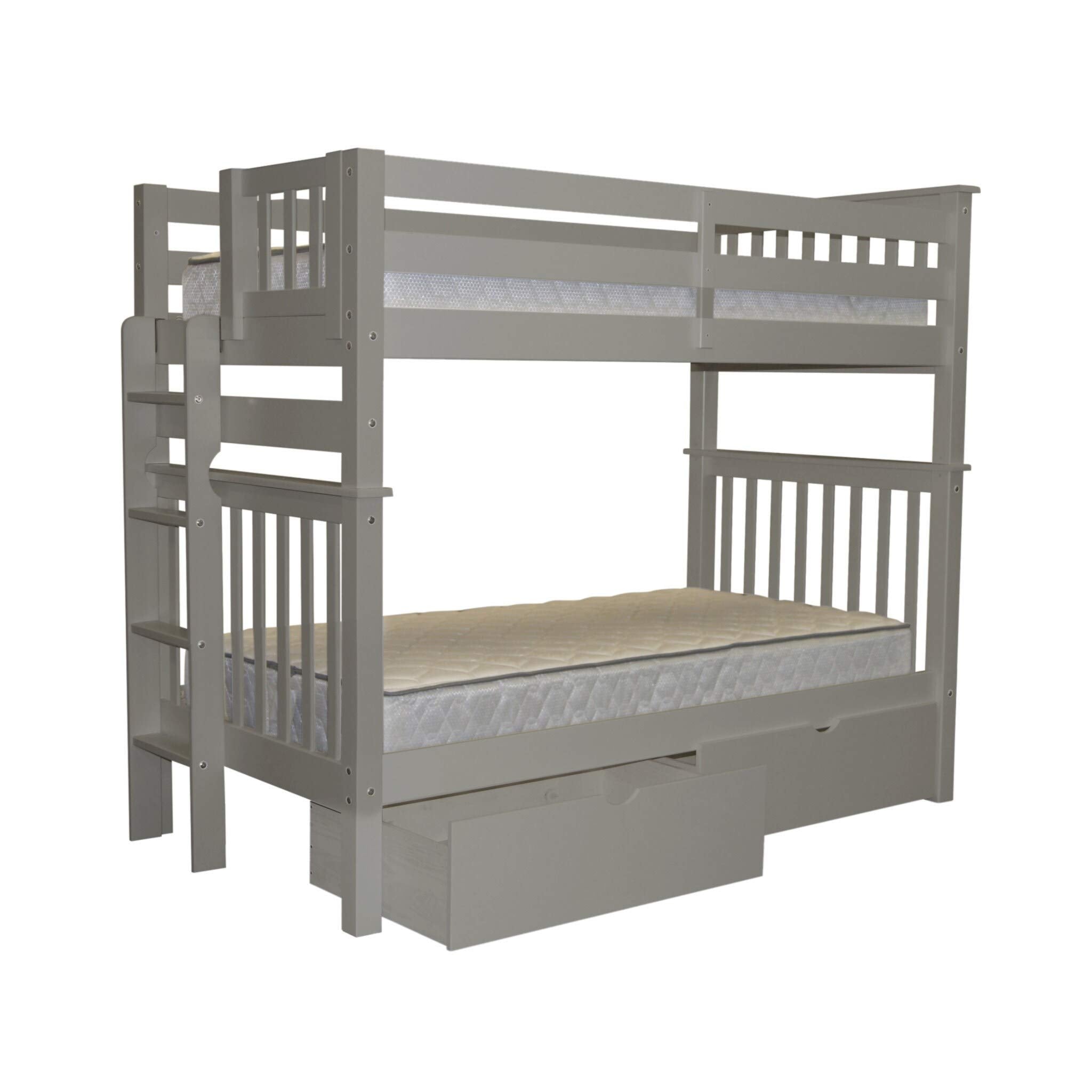 Bedz King Tall Bunk Beds Twin over Twin Mission Style with End Ladder and 2 Under Bed Drawers, Gray