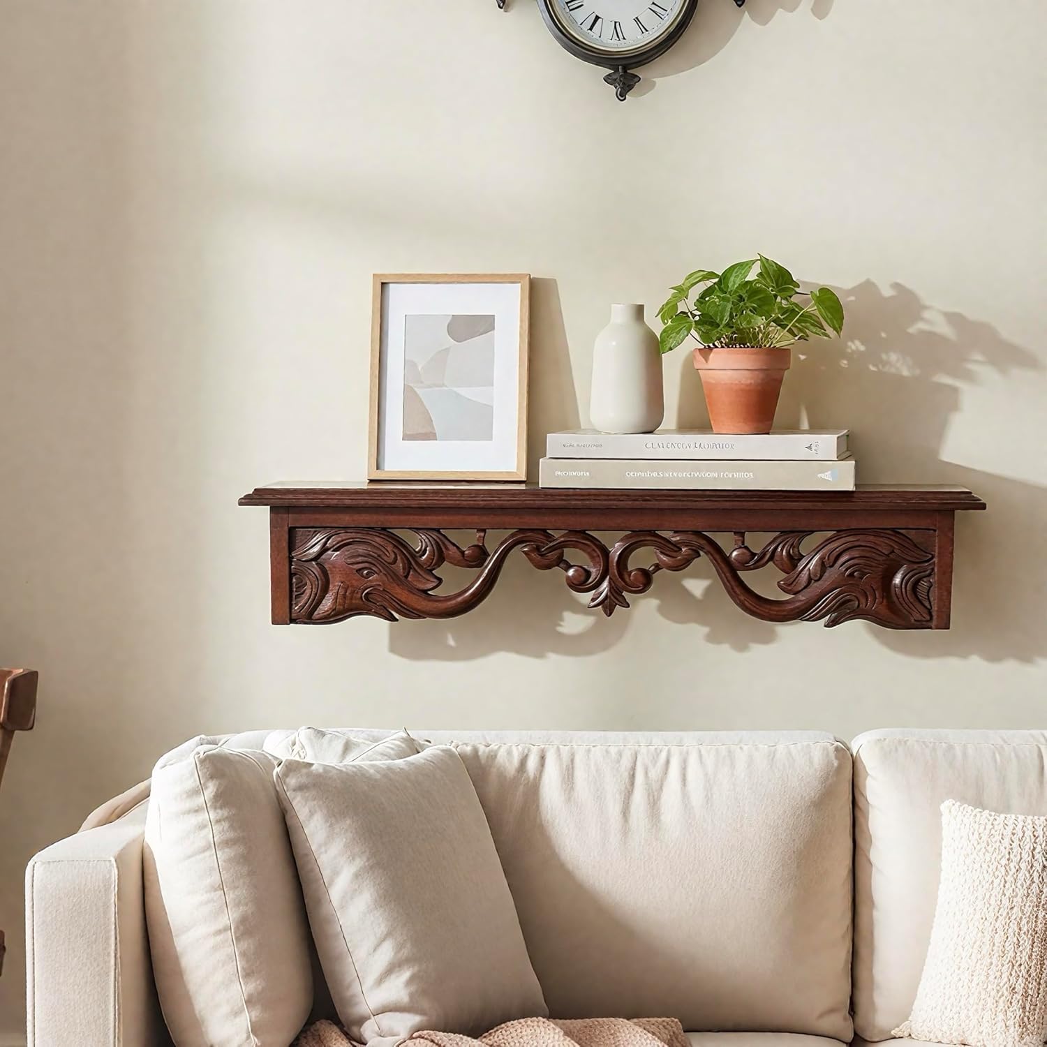 woodsome Handcrafted Wooden Wall Bracket Shelf | Decorative Solid Wood Wall Mount Shelf for Living Room, Bedroom, Mandir & Offic
