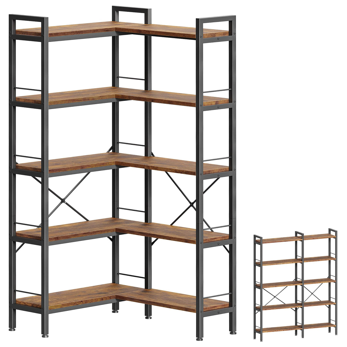 Huuger 5 Tier Bookshelf, L Shaped Corner Bookshelf with 10 Open Shelves, 49.4 Inch Straight Wide Bookcase with Metal Frame and W