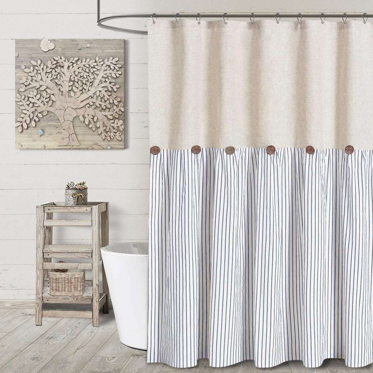 Awellife Farmhouse Shower Curtain For Bathroom Blue Stripe Linen And Cotton Woven Fabric, Country Rustic Style Shower Curtain Set (Blue, 72' L X 72' W)