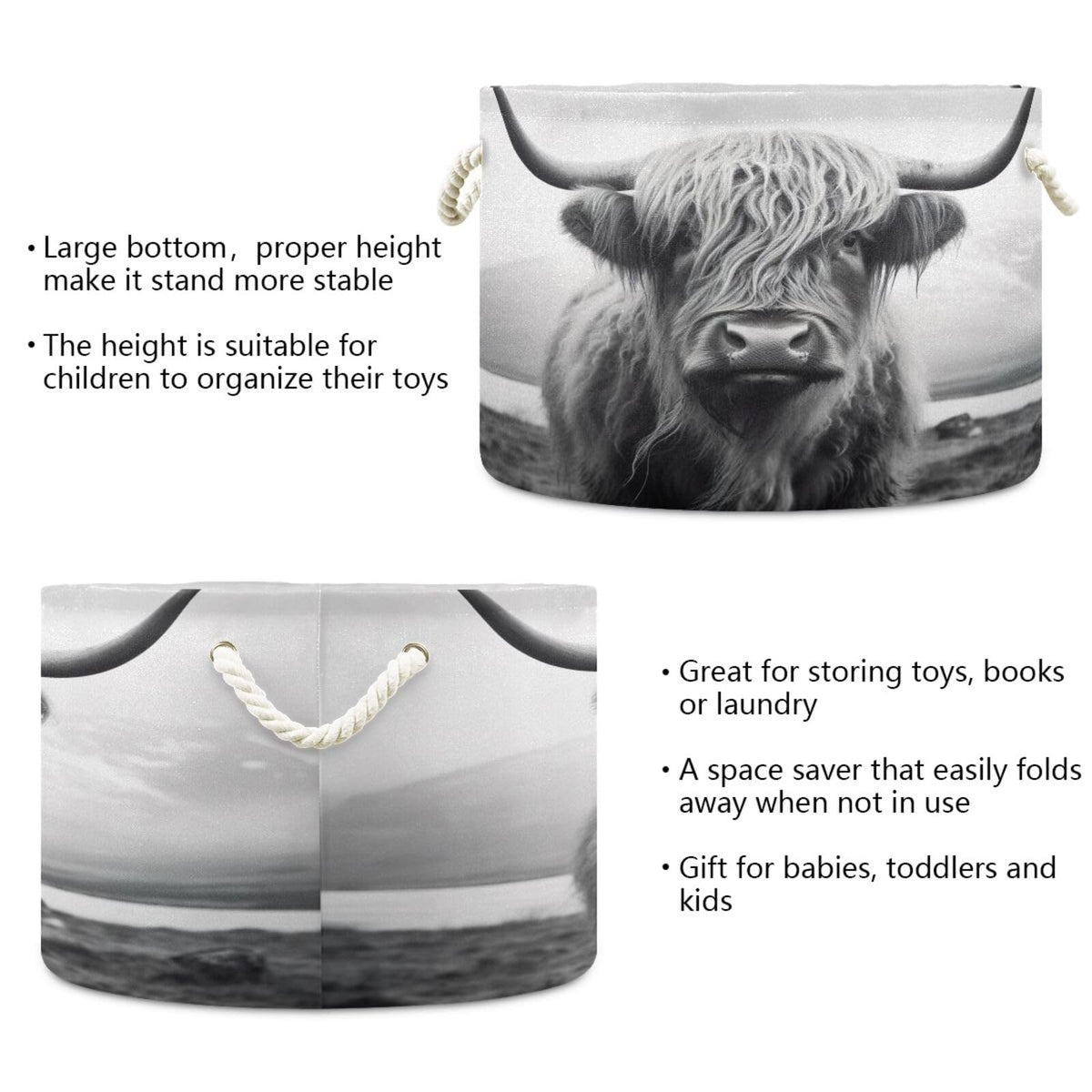 Wellday Cotton Rope Basket Highland Cow Baby Laundry Basket For Blankets Toys Storage Basket