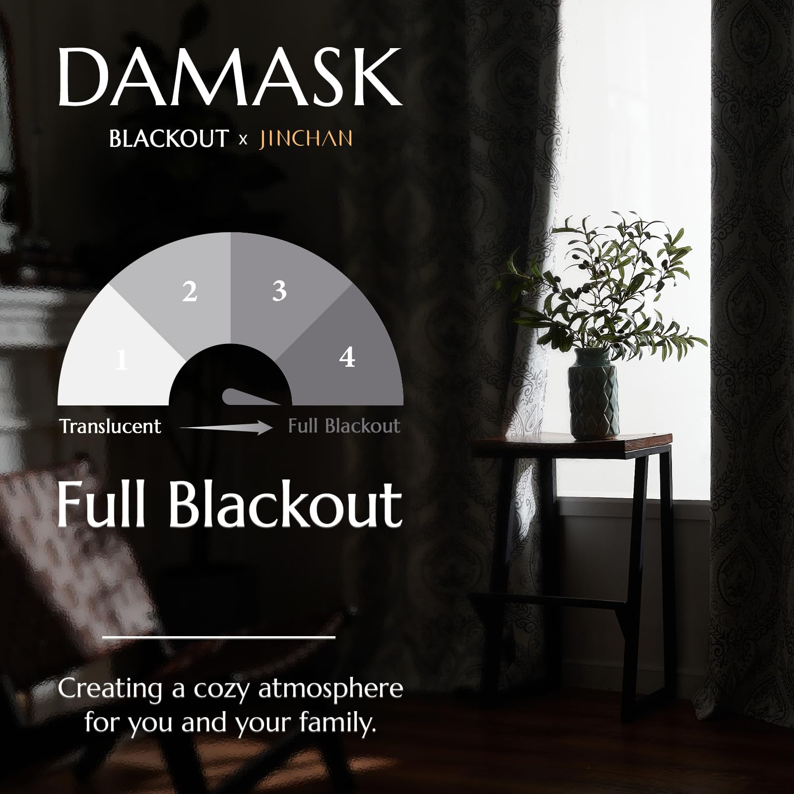 Jinchan 100% Blackout Curtains 108 Inch Length 2 Panels Grey Damask Medallion Window Curtains For Bedroom Extra Long Grommet Thermal Insulated Drapes For Living Room Vintage Window Treatments Set