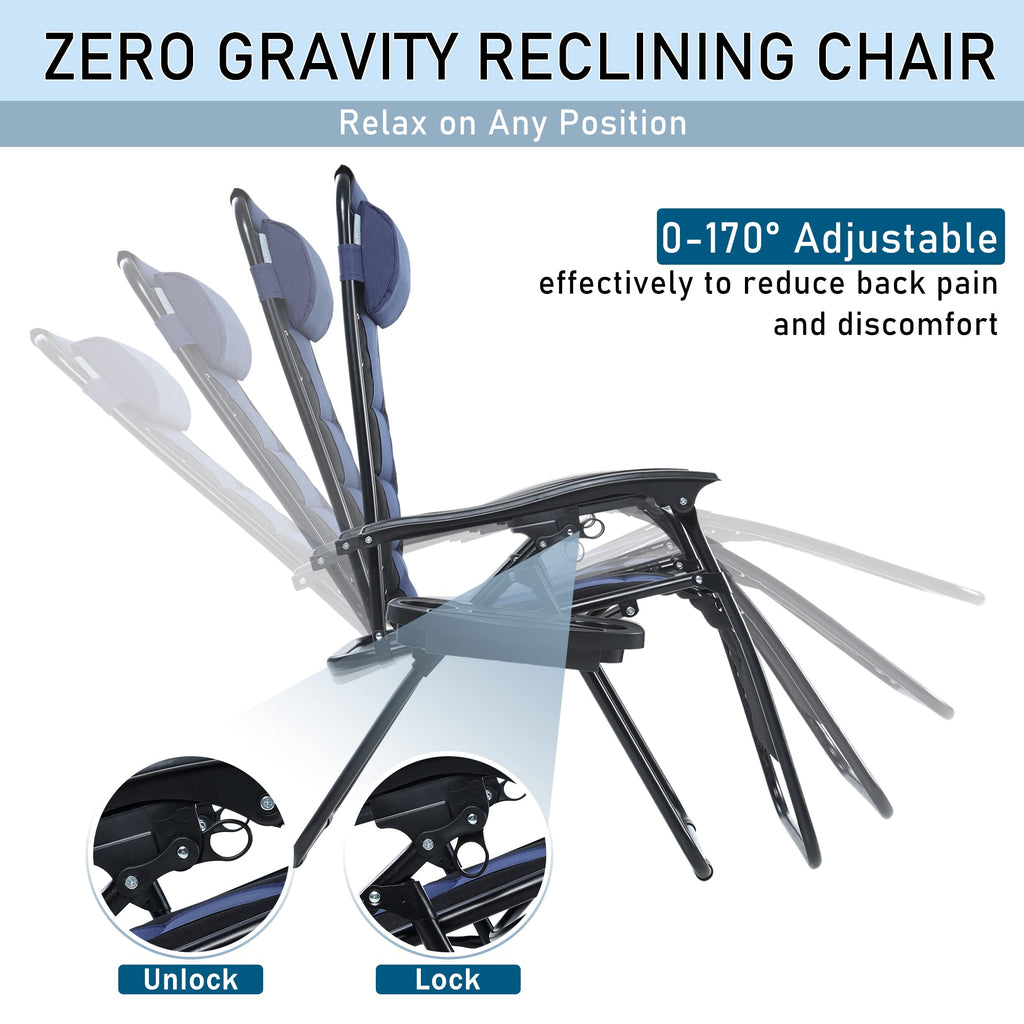 Phi Villa Set Of 2 Padded Zero Gravity Lounge Chair Oversized Folding Patio Recliner With Adjustable Headrest & Cup Holder, Support 350 Lbs(Blue)