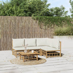 vidaXL Farmhouse Styled Bamboo Patio Lounge Set - 5 Piece Outdoor Furniture Set with Cream White Cushions - Flexible Modular Design for Personalized Configurations - Sturdy Table Included