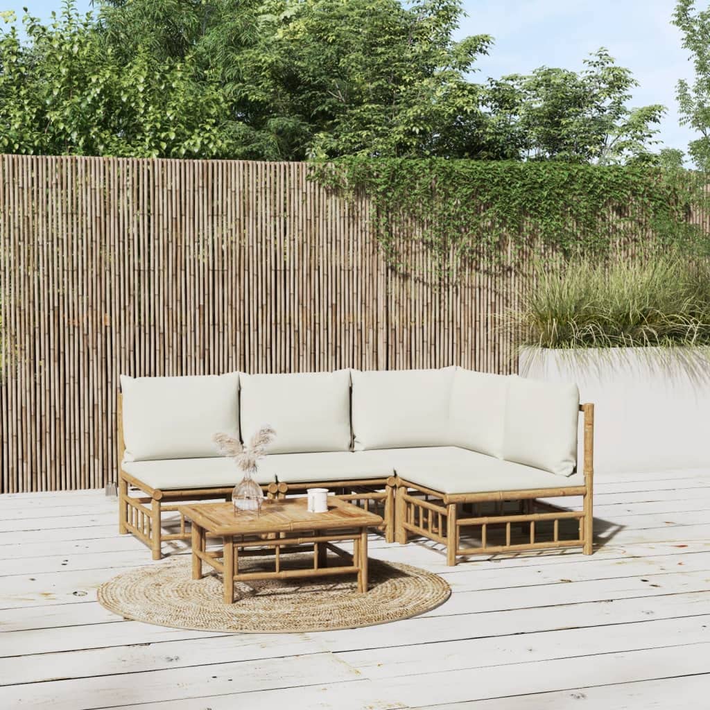 vidaXL Farmhouse Styled Bamboo Patio Lounge Set - 5 Piece Outdoor Furniture Set with Cream White Cushions - Flexible Modular Design for Personalized Configurations - Sturdy Table Included