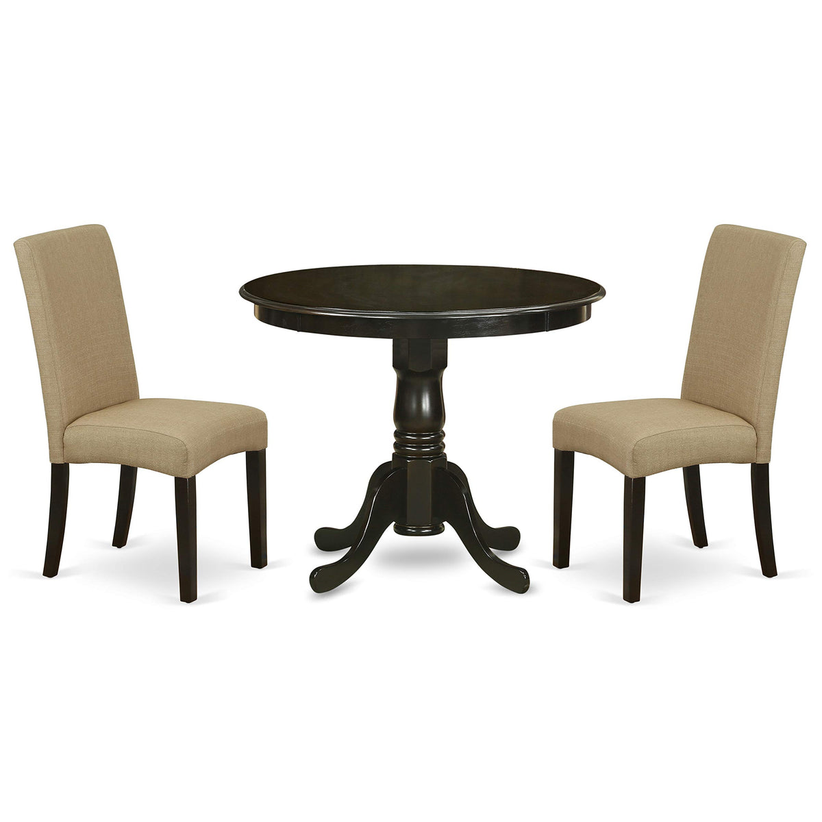 East West Furniture Andr3-Cap-03 3 Piece Dining Room Table Set Contains A Round Kitchen Table With Pedestal And 2 Brown Linen Fabric Parsons Dining Chairs, 36X36 Inch, Cappuccino